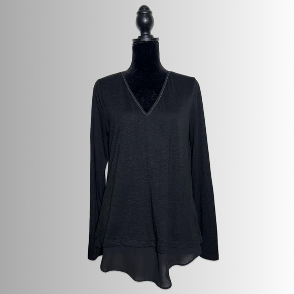 White House Black Market Long Sleeve Black V-Neck Tunic, Hi-Lo Layered Hem, Sz M - Picture 2 of 8